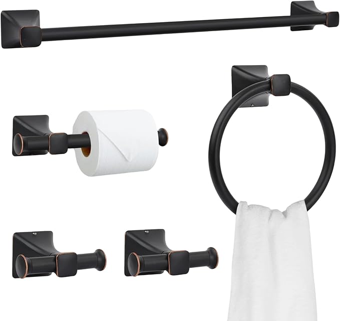 Matte Black Bathroom Hardware Set 5-Pieces, SUS304 Stainless Steel Bath Towel Bar Set Wall Mounted, Including Hand Towel Bar,Towel Ring, Toilet Paper Holder, 2Pcs Robe Towel Hook