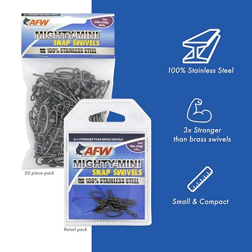 American Fishing Wire Fishing Swivels - Mighty Mini 100% Stainless Steel Snap Crane Swivels, 3X Stronger Than Brass, For Terminal Tackle Box, Up to 600lb Test - Fishing Gear for Fishing Line Leaders - style: #2, 270 Lb, 50 Pc