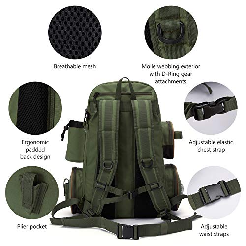 BASSDASH Fishing Tackle Backpack Water Resistant Tactical Bag Soft Tackle Box with Rod Holder and Protective Rain Cover - color: Green Backpack [3600] With 3 Trays