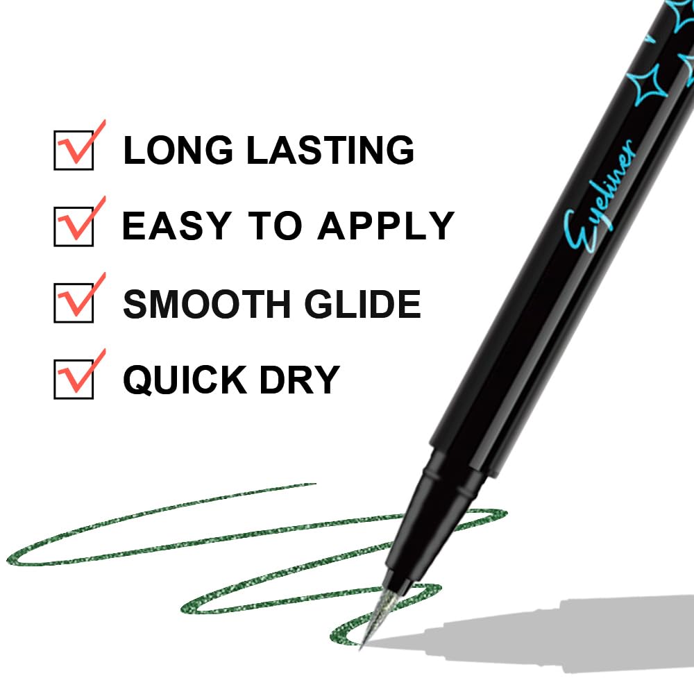 evpct 1Pcs Emerald Dark Green Glitter Shimmer Liquid Eyeliner Eye Shadow Makeup Pencil, Green Face Body Glitter Fake Eyelashes Lashes Mascara Accessories, Sparkle Metallic Colored Eyeliner Waterproof