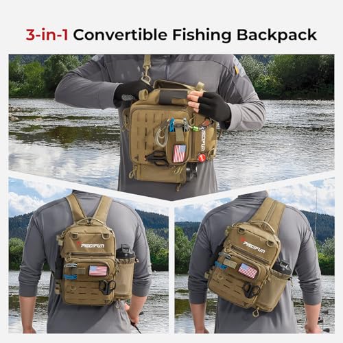 Piscifun Fishing Tackle Backpack, 3-Way Carry with Rod Holders | 16 smart pockets, 2 rod holders, Rain cover, Breathable back support, Convertible sling/waist/backpack carry - color: Khaki