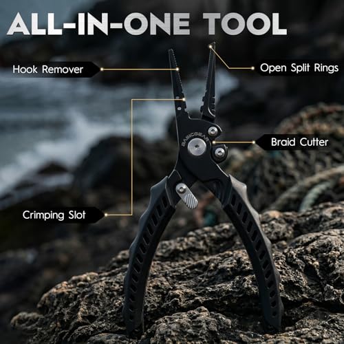 BasicGear Fishing Pliers, 17-4 PH Stainless Steel Saltwater Pliers, Braid Cutter, Split Ring Tool, Corrosion Resistant, One-Hand Operation (7.5" Standard (All-Purpose) - Black) - size: 7.5" Standard (All-Purpose) - Black