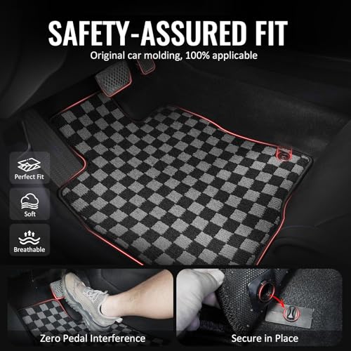 IKON MOTORSPORTS Loop Pile Tufted Car Floor Mats, Compatible with 2006-2011 Honda Civic All Models, Checkered Grey Black Plaid, All Weather Anti-Slip 3PCS Set Car Protector Carpets