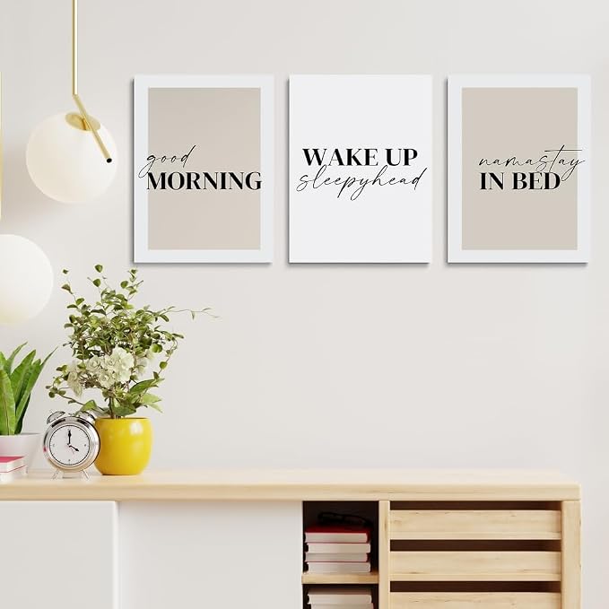 GUBIYU Bedroom Prints Set of 3, Above Bed Decor, Good Morning Namastay in Bed