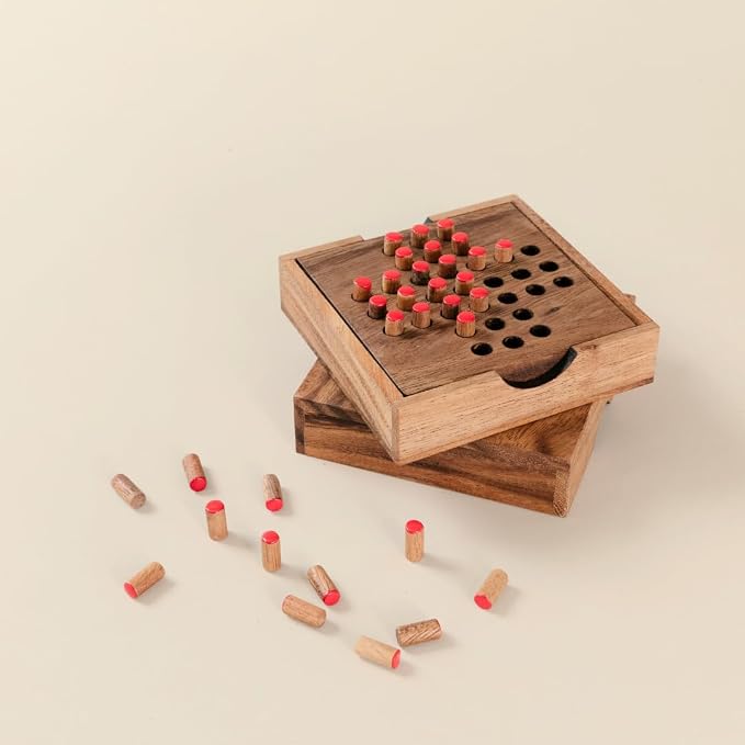 Wood Solitaire Game Classic Peg Solitaire Board Premium Wooden Design Single Player Brain Teaser Strategy Puzzle for Brain Training Tabletop Indoor (Jump All but one)