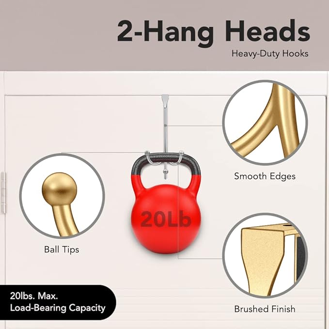 2-Pack Over The Door Hooks - with 2 Hang Heads & Snug Fit Pads Heavy Duty Hook for Hanging Coats, Towels, Caps & Robes - Elegant Matt Finish - No Drill Hanger Organizer - Gold