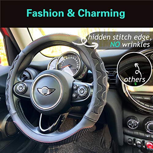 PINCTROT Small Size Steering Wheel Cover Great Grip with 3D Honeycomb Anti-Slip Design, 14 Inch (Black/Red Stitch) - color: 2.Black (Red Trim), size: Small Size[14''-14 1/4'']