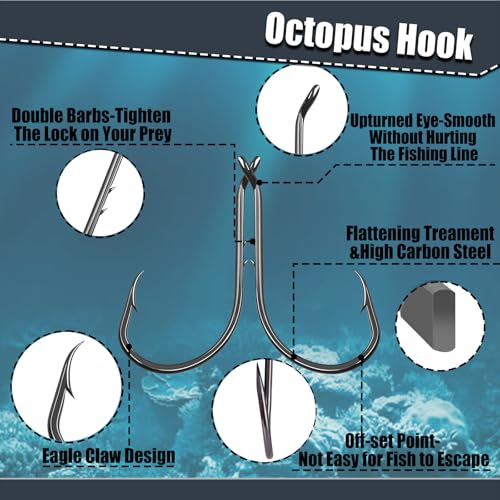 9KM DWLIFE Octopus Fishing Hooks, Double Barbed High Carbon Steel Hooks | Corrosion-Resistant Baitholder Circle Hooks with Sharp Points for Bass, Catfish, Walleye, Trout and Saltwater Fishing - size: 7/0#-50pcs
