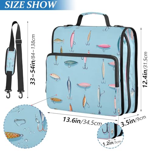 Fishing Lures Blue Cute 3 Ring Zipper Binder with Strap 1.5 inch 500 Sheet Capacity File Folder Storage Organizer
