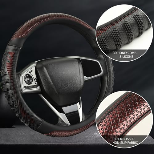 3D Steering Wheel Cover Great Grip with 3D Honeycomb Hole, Anti-Slip Sporty Design, Universal 15 inch(Black with Burgundy) - color: Black with Burgundy, size: Round-Middle[14.5''-15'']