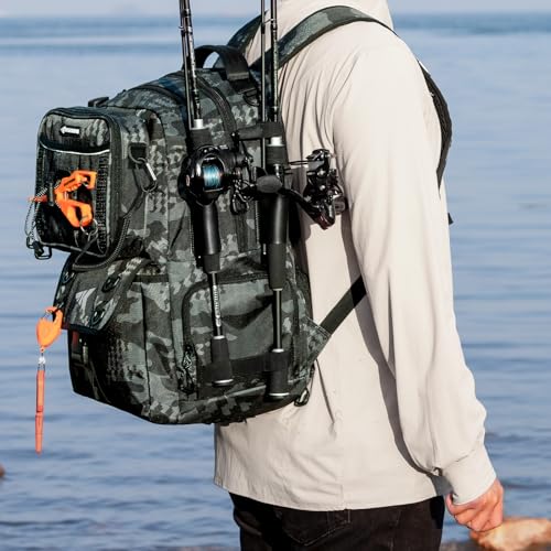 KastKing BaitSpace Fishing Tackle Backpack with Removable Bait Binder,2 Rod Holders Storage Fishing Gear and Equipment - color: B: Black Camo, size: With (4) 3600 tackle boxes