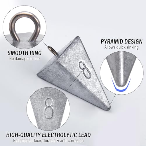 Alwonder Pyramid Sinkers Lead Fishing Weights for Surf Pompano Catfishing | Pyramid Weights 1oz-2LB Saltwater Freshwater Fishing Sinkers No-Roll Triangle Inshore Ocean Beach Casting Bottom Pier Fishing - size: 10 Pack Kit: 1oz*3, 2oz*3, 3oz*2, 4oz*2