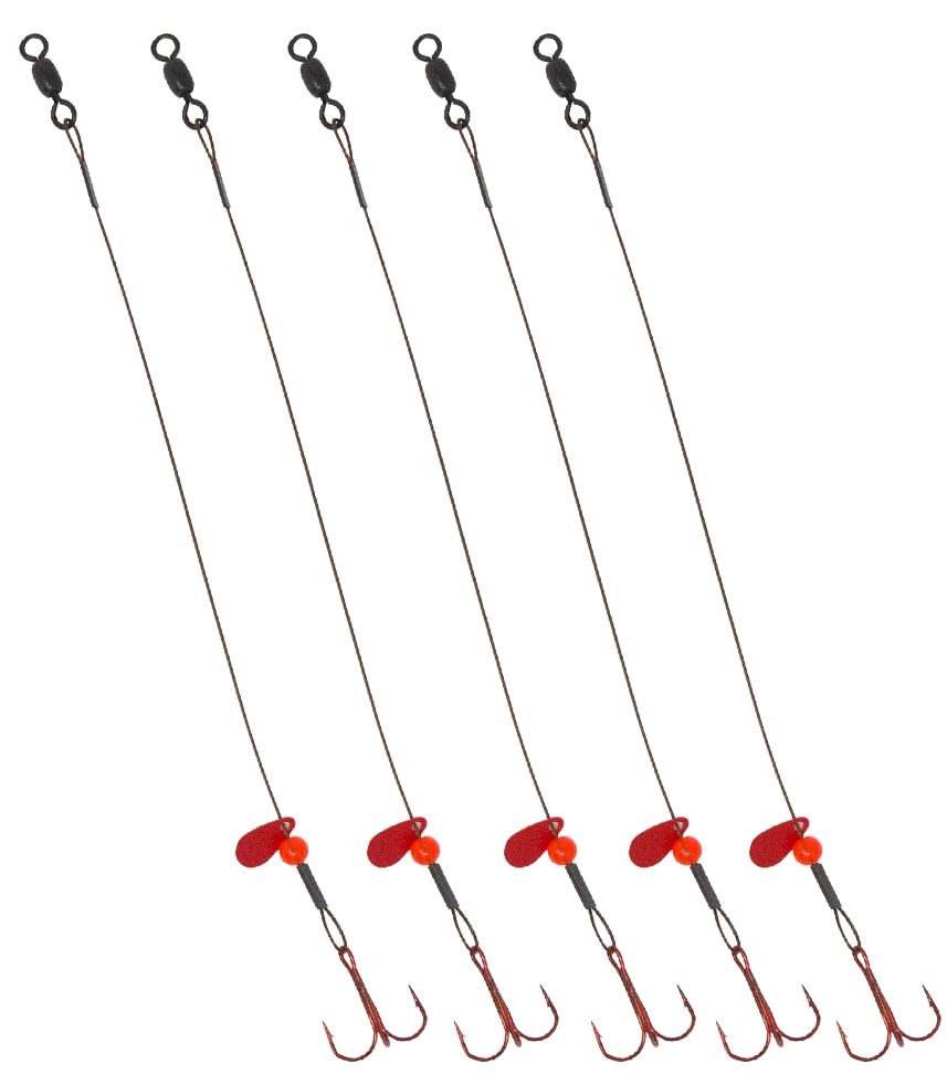 Tooth Shield Tackle Ice Fishing Tip Up Leader Rig (90 lb) Ice Fishing Sucker Walleye Pike Musky Predator Rig (5 Pack) (Camo/Red Bead/Flipper) Made in the USA - size: Hook Size: 2