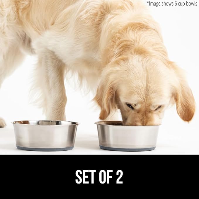 GORILLA GRIP Set of 2 Dog Bowls, Holds 8 Cups (64 fl oz), Heavy Duty Metal Food and Water Bowl for Feeding Dogs and Cats, Dishwasher Safe, Rust Resistant Stainless Steel, BPA Free Rubber Base, Gray