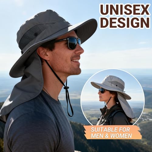 PFFY Sun Bucket Hats for Men Women Fishing Hat UV Protection Wide Brim Beach Safari Hat with Neck Flap - color: Lightgrey (With Neck Flap)