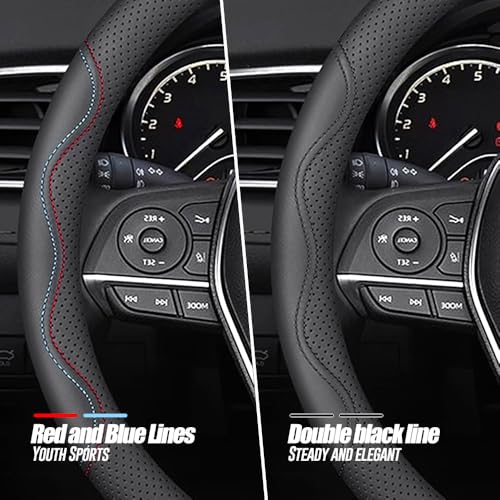 LKWLIKEI Nappa Premium Leather car Steering Wheel Cover, Non-Slip, Breathable, Universal 15 inches,Black and red Blue line - color: Black-B