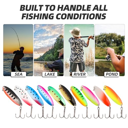 Jigging Spoon Fishing Lures, Slant Cut Metal Spoon with Glow, High Flash, Sharp Treble Hooks, Precision Wobble for Bass, Trout, Pike & Walleye - color: New10PCS, size: 3/8oz