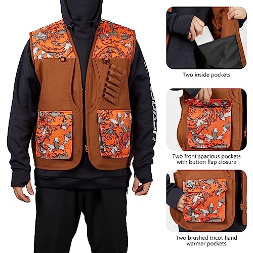 BASSDASH Upland Game Field Water-Resistant Bird Hunting Vest with Multi Pockets Men Women FV11 - color: Brown/Flame Camo, size: XX-Large