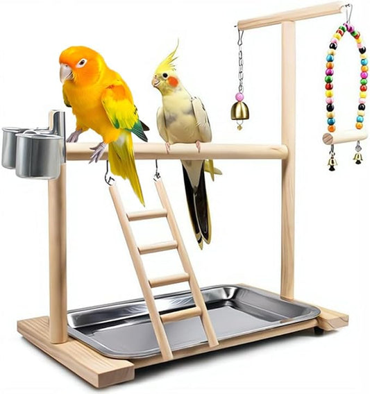 Bird Playground Parrot Playstand, Stand Fun Straw Bell Toys, Ladder Hanging Swing Chew Exercise Toys, for Conure Macaw Cockatiel Finch Small Animals