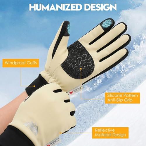 Bruvoalon Winter Gloves for Women & Men, 3M Thermal Insulation, Lycra Fabric, Touchscreen, Anti-Slip - color: Beige, size: XX-Large