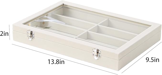 Coward Sunglass Organizer Tray Box, Beige Velvet Grids Eyeglasses Display Tray Case with Transparent Glass Lid for Home Use or Store Shop Selling Show