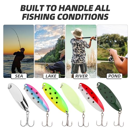 Jigging Spoon Fishing Lures, Slant Cut Metal Spoon with Glow, High Flash, Sharp Treble Hooks, Precision Wobble for Bass, Trout, Pike & Walleye - color: 6PCS, size: 3/16oz