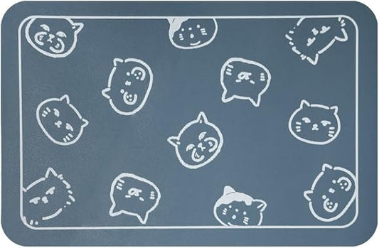 YCT Cat Food Mat, Cat Mat for Food and Water, Pet Feeding Mat, Non-Slip Super Absorbent, with Multiple cat Heads Logo, 18.1 x 11.8 inches, Blue