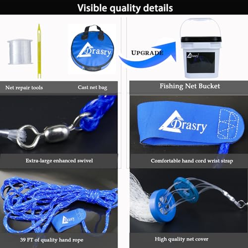 Drasry Saltwater Fishing Cast Net for Bait 3/8 1/4 or 1/2 with Heavy Sinkers Fish Trap Throw Net. Size 3ft/4ft/5ft/6ft/7ft/8ft/9ft/10ft Radius Freshwater Nets - size: 3FT (90cm) Radius, style: Lead Sinkers-3/8mesh-0.3mm Mono
