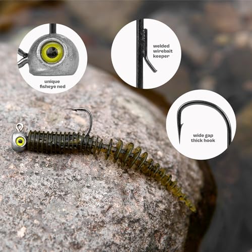 15-Pack Fish Eye Ned Rig Jig Heads with Welded Wire Bait Keeper – 1/16 3/32 1/8 3/16 1/4oz with 2/0 3/0 Hooks, Chartreuse Eyes, Secure Finesse TRD Hookup for Bass Fishing - size: 1/16oz - 15Pack