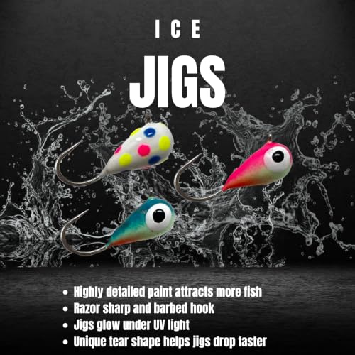 Reaction Tackle Tungsten Ice Fishing Jigs, Tear Drop Jig Heads that Glow with UV Light for Panfish, Crappie, Walleye, Perch, Trout and Bluegill - color: 10-pcs Variety Pack, size: 4 mm