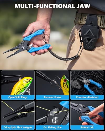 Fishing Tool Kit, Fishing Gear - Fishing Plier with Sheath, Fillet Knife, Fishing Scissors, Fish Lip Gripper, Tool Retractor, Keychain Bottle Opener, Fishing Gifts for Men - color: Blue-7Pcs