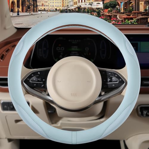 Nappa Leather Blue Steering Wheel Cover, Advanced Microfiber Leather Non-Slip Breathable Fabric, Warm in Winter and Cool in Summer, Universal 15 inch - color: Blue, size: Round-M[14.5''-15'']