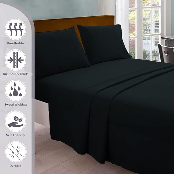 Pizuna Pure 100% Cotton Queen Size Sheets, 800 Thread Count Long Staple Cotton Crisp Sateen with 15in Deep Pocket (Combed Black Cotton)