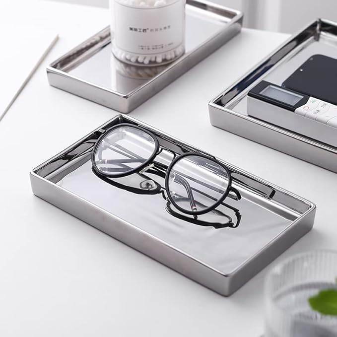 Jewelry Dish Tray Ceramic Trinket Tray Rectangte Vanity Makeup Mirror Tray Silvery