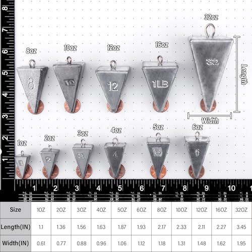 Alwonder Pyramid Sinkers Lead Fishing Weights for Surf Pompano Catfishing | Pyramid Weights 1oz-2LB Saltwater Freshwater Fishing Sinkers No-Roll Triangle Inshore Ocean Beach Casting Bottom Pier Fishing - size: 10 Pack Kit: 1oz*3, 2oz*3, 3oz*2, 4oz*2