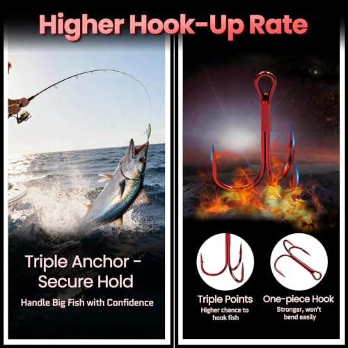 FishTrip 25/50/200pcs Treble Hooks Red, Replacement Hooks for Hard Lures | High Carbon Steel, Ultra Barbed Sharp Triple Fishing Hooks for Saltwater Freshwater, Fish Hook for Bass Trout Size 14-4/0 - size: 12#_25pcs