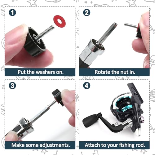 2PCS Fishing Handles Spinning Reel Knob Replacement, Black Rubber Handle Fishing Reel Grip with 2 Screw Caps and 2 Washers for 1000-4000 Series