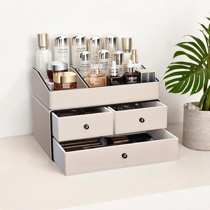 KINGFOM Leather Makeup Organizer with 3 Drawers, 2 Tier Cosmetic Storage Organizer for vanity Dresser Countertop and Bathroom Vanity, Beauty Holder for Lipstick Brush Skincare (Beige)