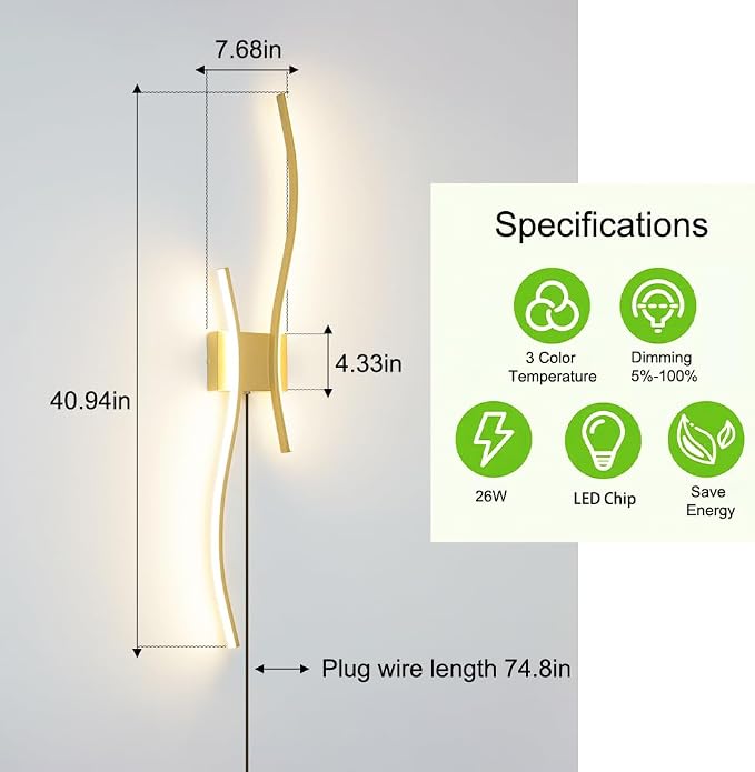 Daunton Modern Gold Plug in Wall Sconces Set of 2