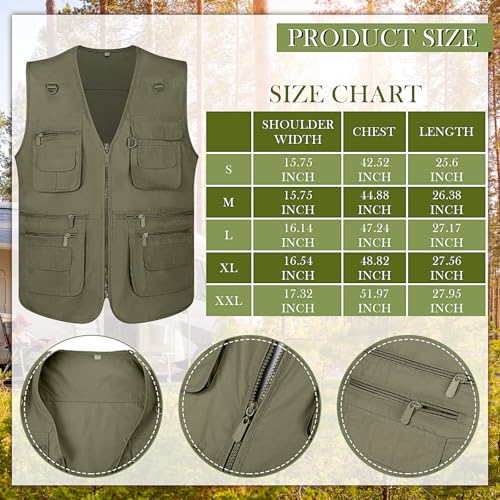 Janmercy 2 Pieces Men's Work Fishing Vest with Hat Lightweight Safari Travel Hunting Waistcoat With Multi Pockets Fishing Hat - color: Army Green, size: Medium
