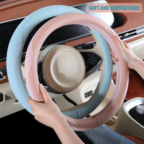 Nappa Leather Blue Steering Wheel Cover, Advanced Microfiber Leather Non-Slip Breathable Fabric, Warm in Winter and Cool in Summer, Universal 15 inch - color: Blue, size: Round-M[14.5''-15'']