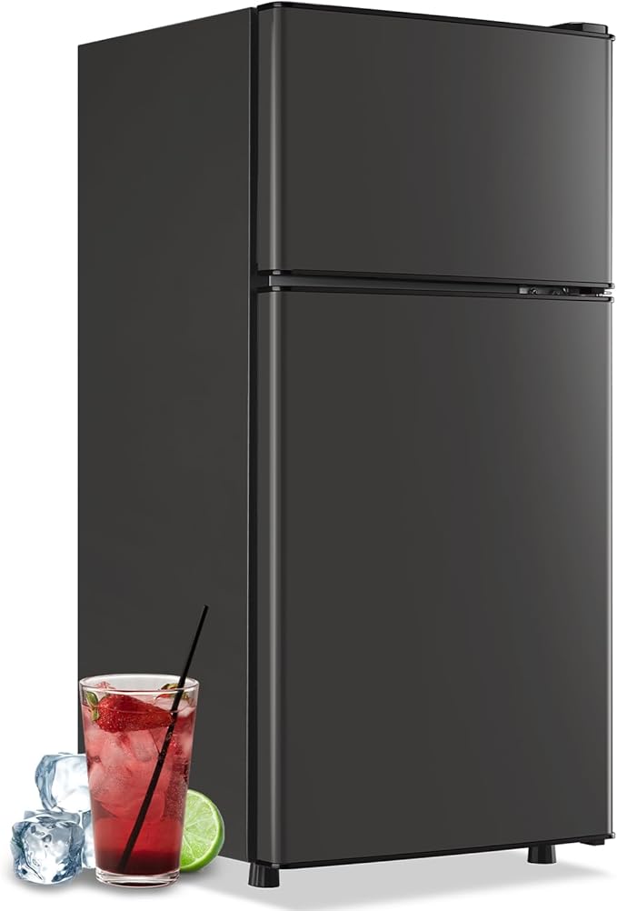 Mini Fridge with Top Freezer Apartment Size Dual Door Compact Small Refrigerator for Personal Use Small Mini Fridge with Egg tray, 7 Temperature Control For Dorm, Apatmet, Dark Grey