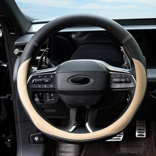 Valleycomfy Microfiber Leather Steering Wheel Cover Universal 15 inch (Beige) - color: Beige, size: Medium(Standard) Size[14.5"-15"]