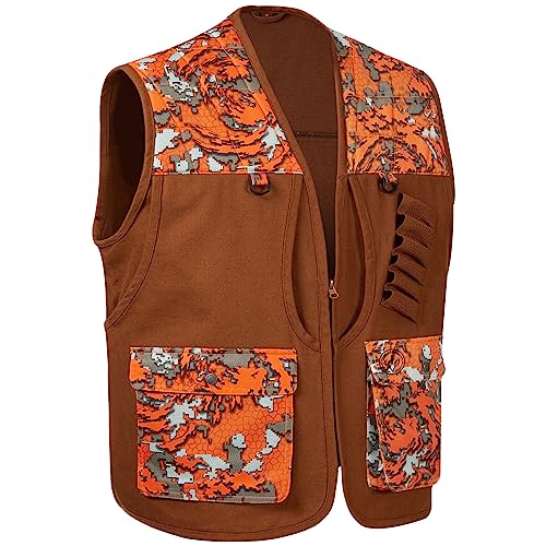 BASSDASH Upland Game Field Water-Resistant Bird Hunting Vest with Multi Pockets Men Women FV11 - color: Brown/Flame Camo, size: X-Large