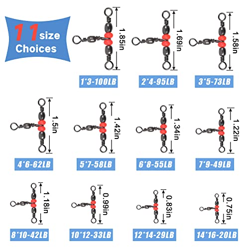 SILANON 3 Way T-Turn Barrel Swivels Fishing Tackle,40pcs Brass Barrel Triple Swivel Cross Line 3 Way Barrel Fishing Connector with Red Fishing Beads for Freshwater Saltwater Test 20-100LB - size: 5*7# 40pcs