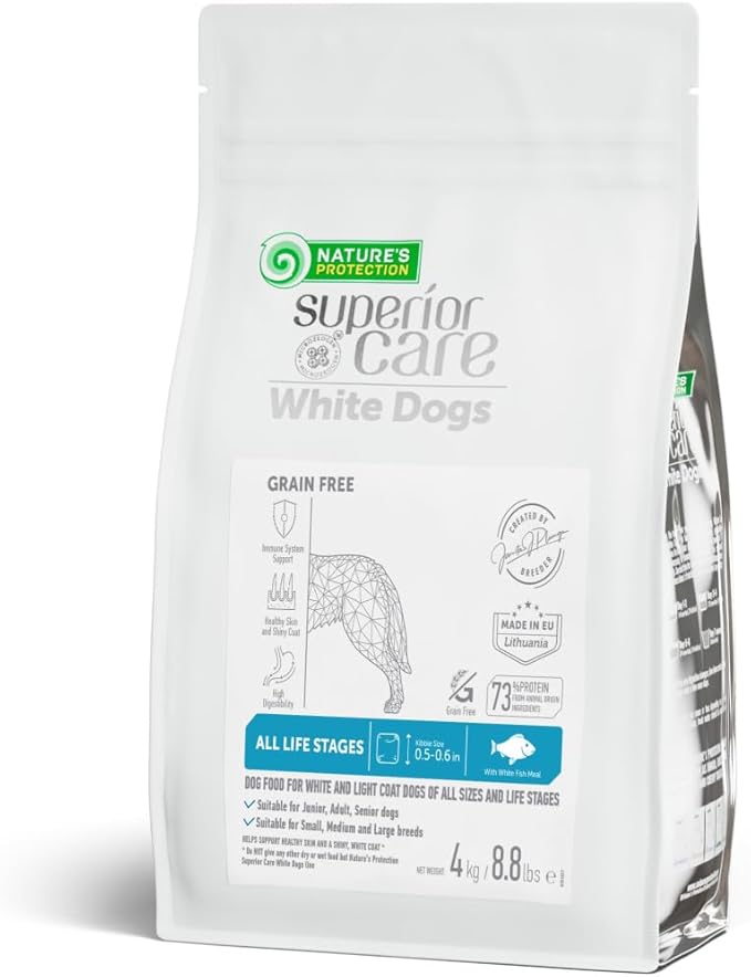 Nature's Protection Dry Dog Food for Puppy & Adult - High Protein, Grain Free Tear Stain Formula - Dog Kibble for Small, Medium & Large Breed with Light Coat (Superior Care - White Fish, 8.8 lb)