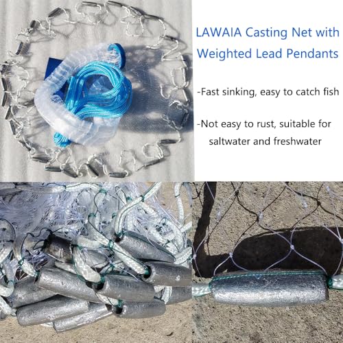 Lawaia Cast Net with Lead Sinkers Fishing Throw Nets Hand Castnet Shrimp Bait Traps 1/2 inch Mesh for Freshwater Saltwater with 3ft/4ft/5ft/ 6ft/ 7ft/ 8ft/ 9ft/ 10ft/ 11ft/ 12ft Radius - size: 3FT Radius
