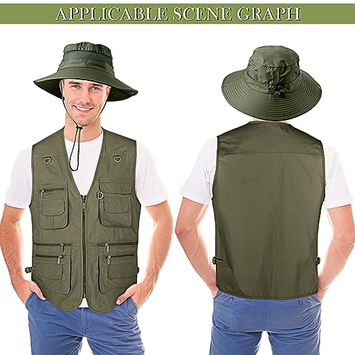 Janmercy 2 Pieces Men's Work Fishing Vest with Hat Lightweight Safari Travel Hunting Waistcoat With Multi Pockets Fishing Hat - color: Army Green, size: Medium