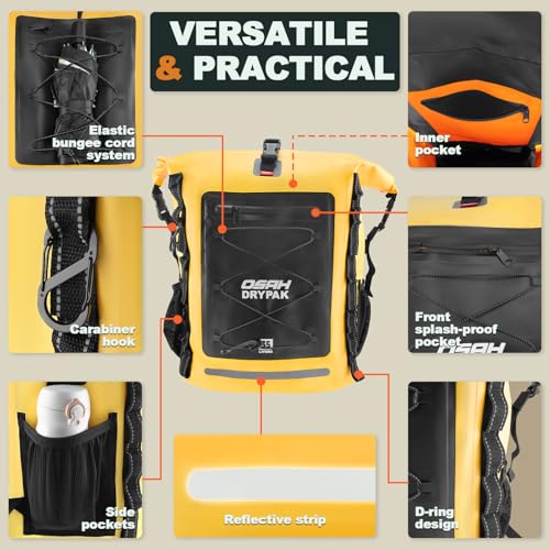 OSAH DRYPAK Waterproof Backpack Dry Bag 35L/55L/85L– Heavy Duty Roll-Top Hiking Backpack Sack Keeps Gear Dry for Travel, Kayaking, Boating, Camping, Rafting and Fishing - color: Yellow, size: 35L