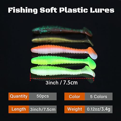 Paddle Tail Swimbaits, 50 PCS Ribbed 3 Inchs Soft Plastic Fishing Lures for Bass Trout Crappie Walleye Saltwater/Freshwater Fishing - color: Green